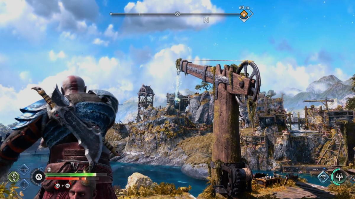 Kratos throws his axe at a Bay of Bounty raven in God of War Ragnarok.